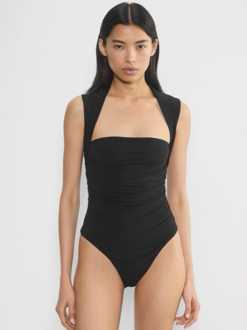 Aritzia Black Ruched Square-Neck Bodysuit